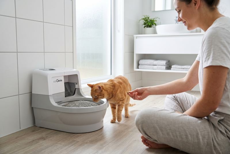 Ein professionelles, hochwertiges Lifestyle-Foto, das eine Katze und ihre Besitzerin im Moment des Vertrauens und der Sauberkeit in einem modernen Zuhause mit dem CatGenie einfängt.