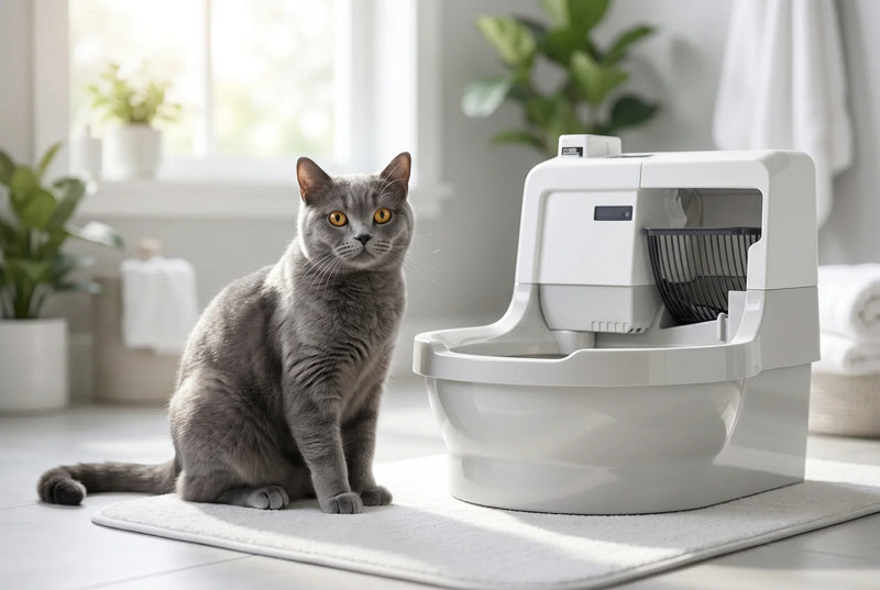 Eine grauhaarige BKH Katze sitzt vor ihrem Katzenklo CatGenie.
