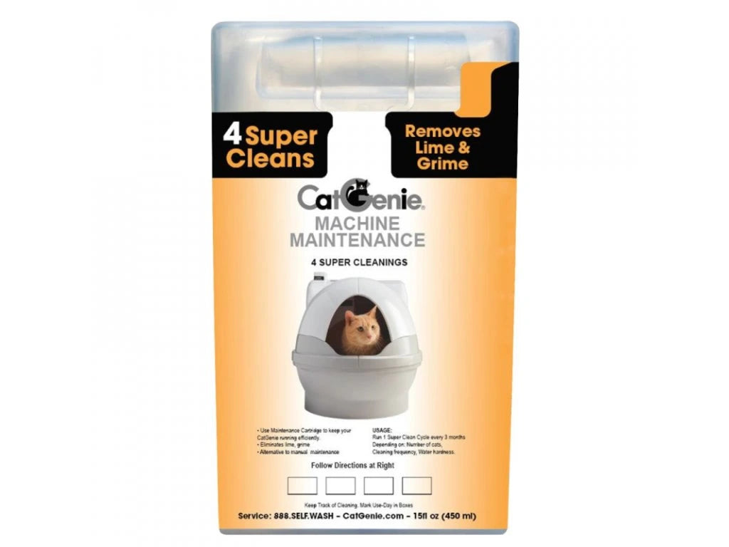 Wartungskartusche mit einer Katze in der CatGenie Katzenbox, beschriftet mit "4 Super Cleans, Removes Lime & Grime".