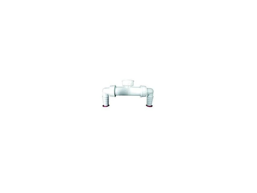 CatGenie - Rückschlagventilanschluss für Waschmaschine/Geschirrspüler: Weißes PVC-Formteil mit Doppelanschluss und mittlerer Kappe, perfekt als Ersatzteil oder für Katzentoiletteninstallationen, freigestellt vor weißem Hintergrund.