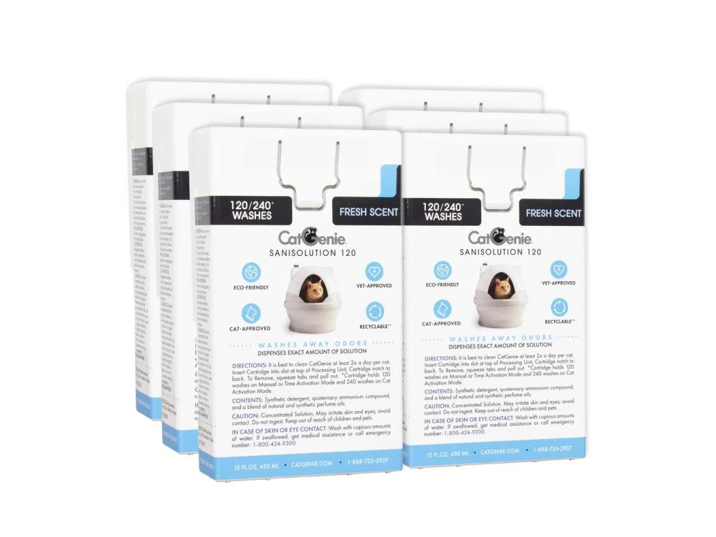 Vier Packungen Kartusche SaniSolution Fresh Scent mit je 6 Patronen - ideal für die Katzenbox Reinigung, geeignet für 120/240 Wäschen und mit frischem Duft.
