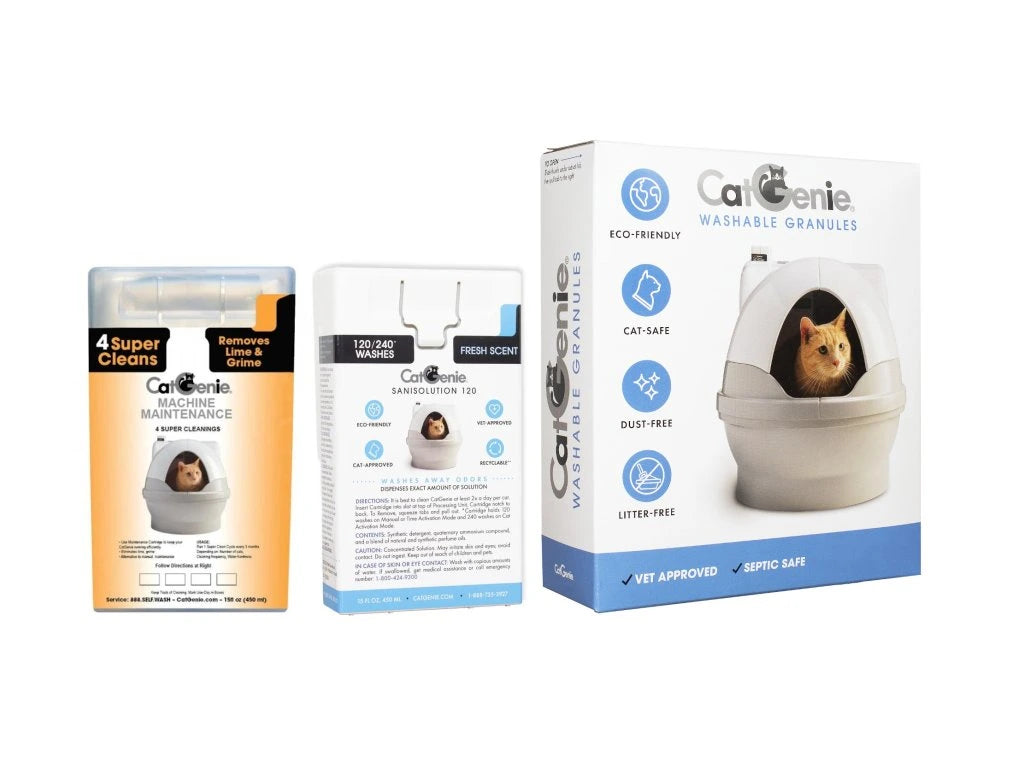 Entdecken Sie die CatGenie Verbrauchsmaterialien Combo, einschließlich waschbarem Granulat für eine saubere Katzentoilette und SaniSolution Fresh Scent für ein frisch riechendes, selbstreinigendes Erlebnis mit Ihrer Katze.