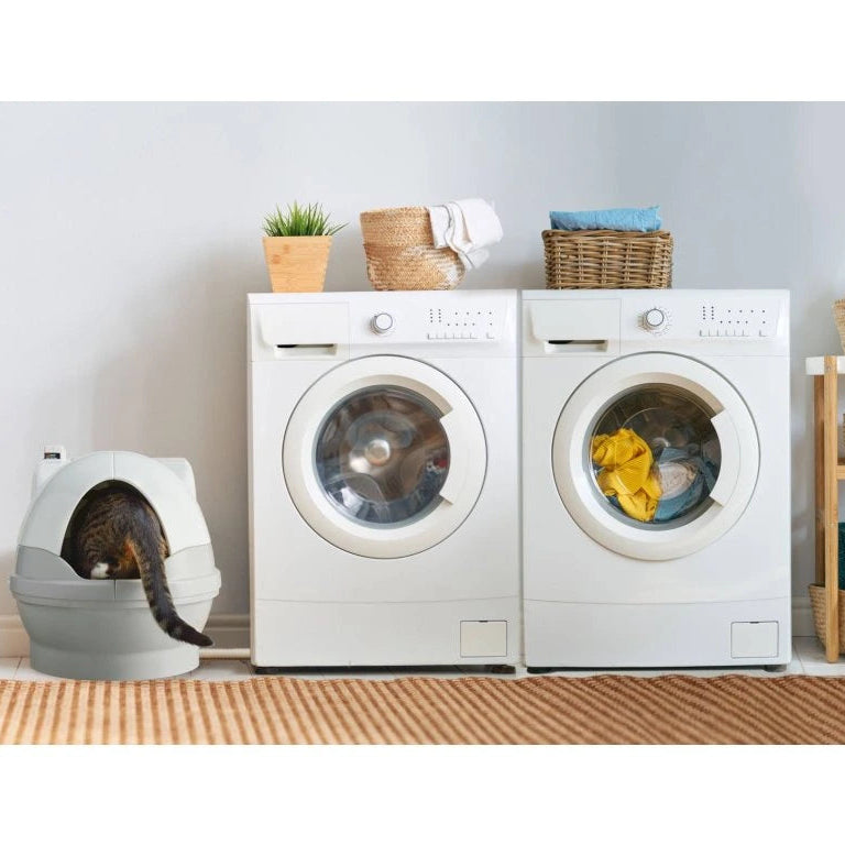 Eine Katze in einem CatGenie 120+ mit GenieDome sitzt neben zwei Frontlader-Waschmaschinen mit Wäsche und Körben oben drauf.
