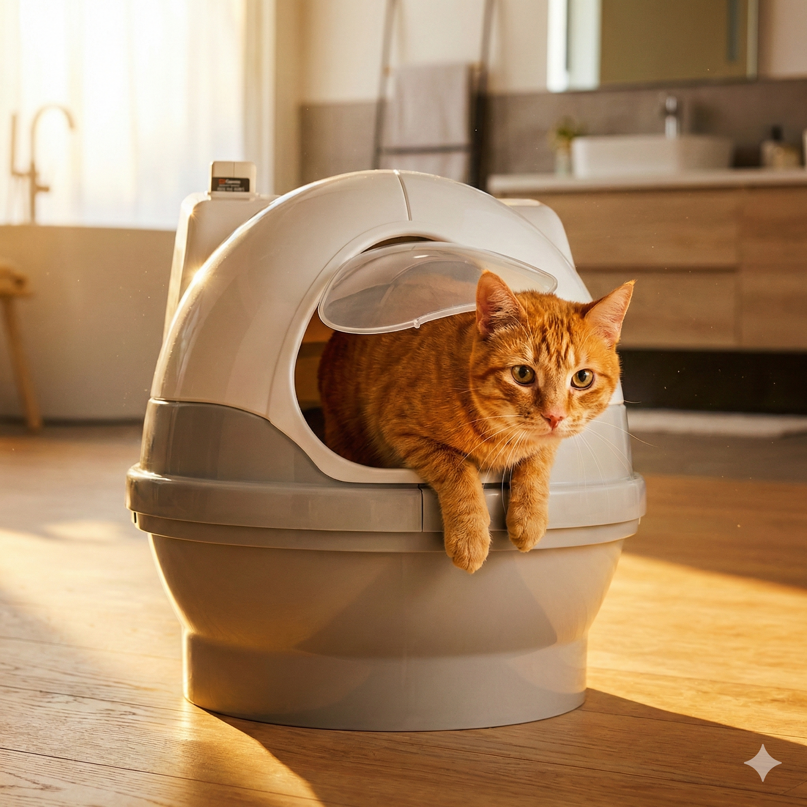 Eine orange gestromte Katze liegt in einem sonnenbeschienenen Badezimmer in einem CatGenie Katzenklo mit der CatGenie GenieDoor und genießt ihre Privatsphäre.
